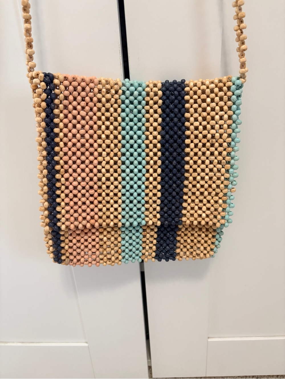 Hand-Beaded Multicolor Crossbody Bag - Navy, Peach & Mint